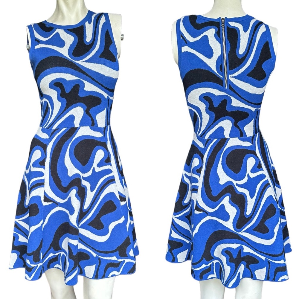 Milly Black & Blue Swirl Print High Neck Fit & Flare Skater Dress Size P